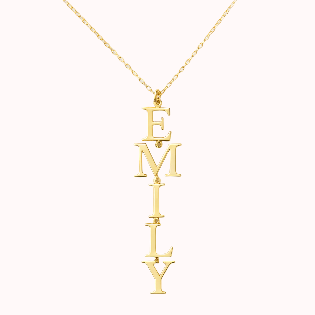 Gold necklace with 'EMILY' pendant on a white background