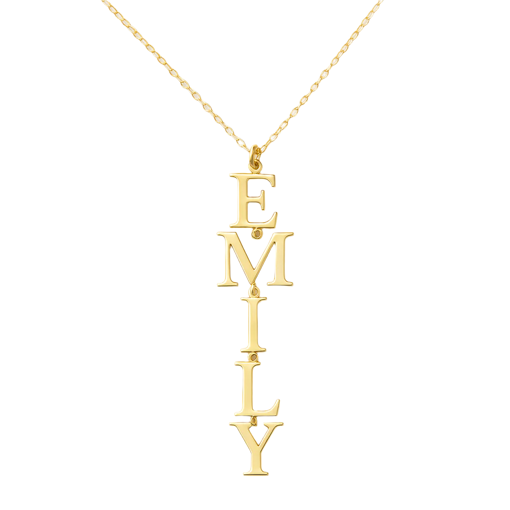 Gold necklace with 'EMILY' pendant on a white background